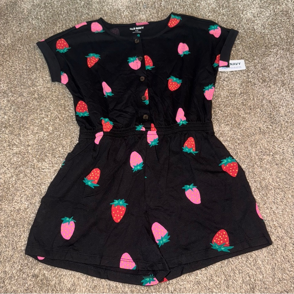 Old Navy - Strawberry Printed Short-Sleeve Button-Front Romper - Girls M (8) - Picture 2 of 6